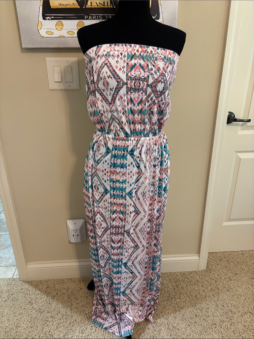Splendid Teal & Coral Strapless Geometric Maxi Dress